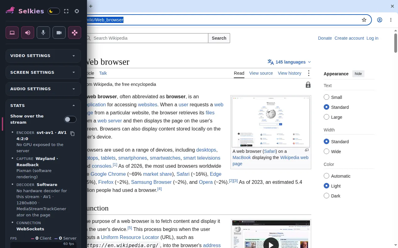 Chrome on an exe.dev VM, shown in a browser tab at 1280×800, with Selkies' sidebar open on the left showing its stream controls and stats: AV1 software encoding, WebSockets, 14 ms latency