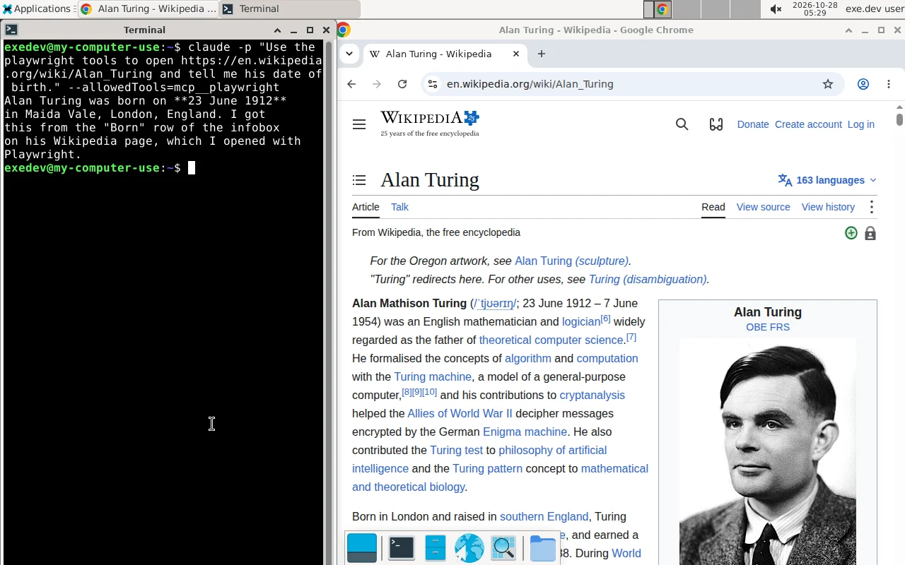 The VM's Xfce desktop: on the left a terminal where Claude Code answers that Alan Turing was born on 23 June 1912, on the right Chrome showing his Wikipedia page, which Claude Code opened through Playwright MCP