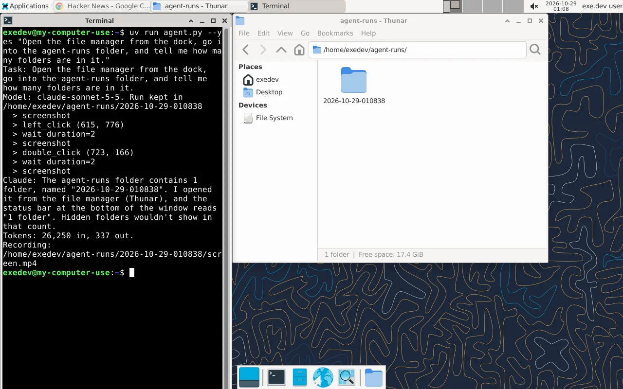 The VM's desktop after a computer-use run: on the left a terminal shows agent.py's steps and Claude's answer, on the right the file manager Claude opened shows the agent-runs folder