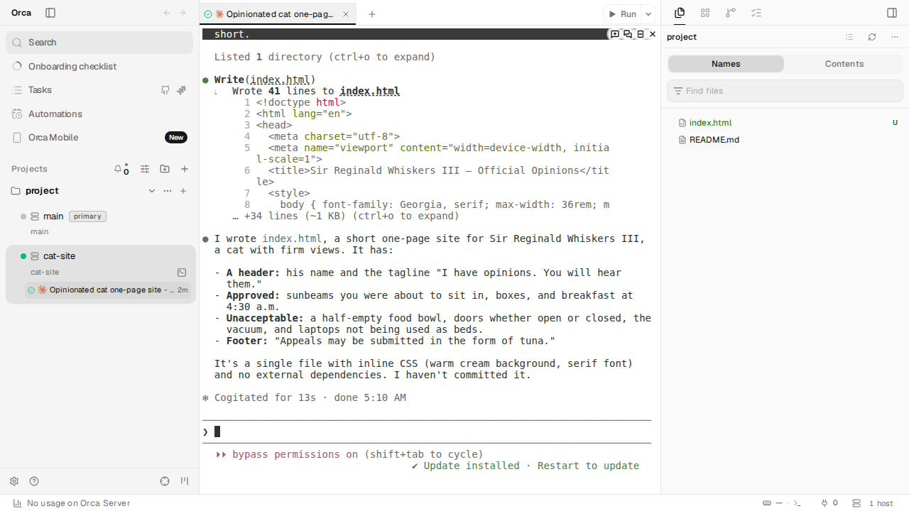 Orca's web UI: a project with a cat-site worktree, and Claude Code reporting it wrote index.html