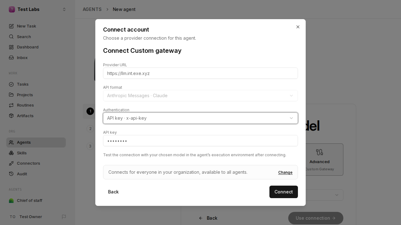 Paperclip's Connect Custom gateway dialog, with https://llm.int.exe.xyz as the provider URL, Anthropic Messages as the API format, and API key x-api-key authentication