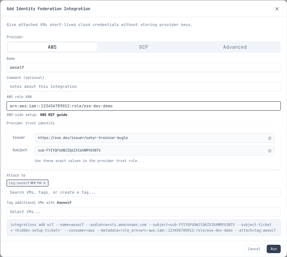Identity Federation modal configured for an AWS role