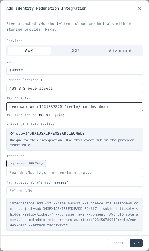 Identity Federation modal configured for an AWS role