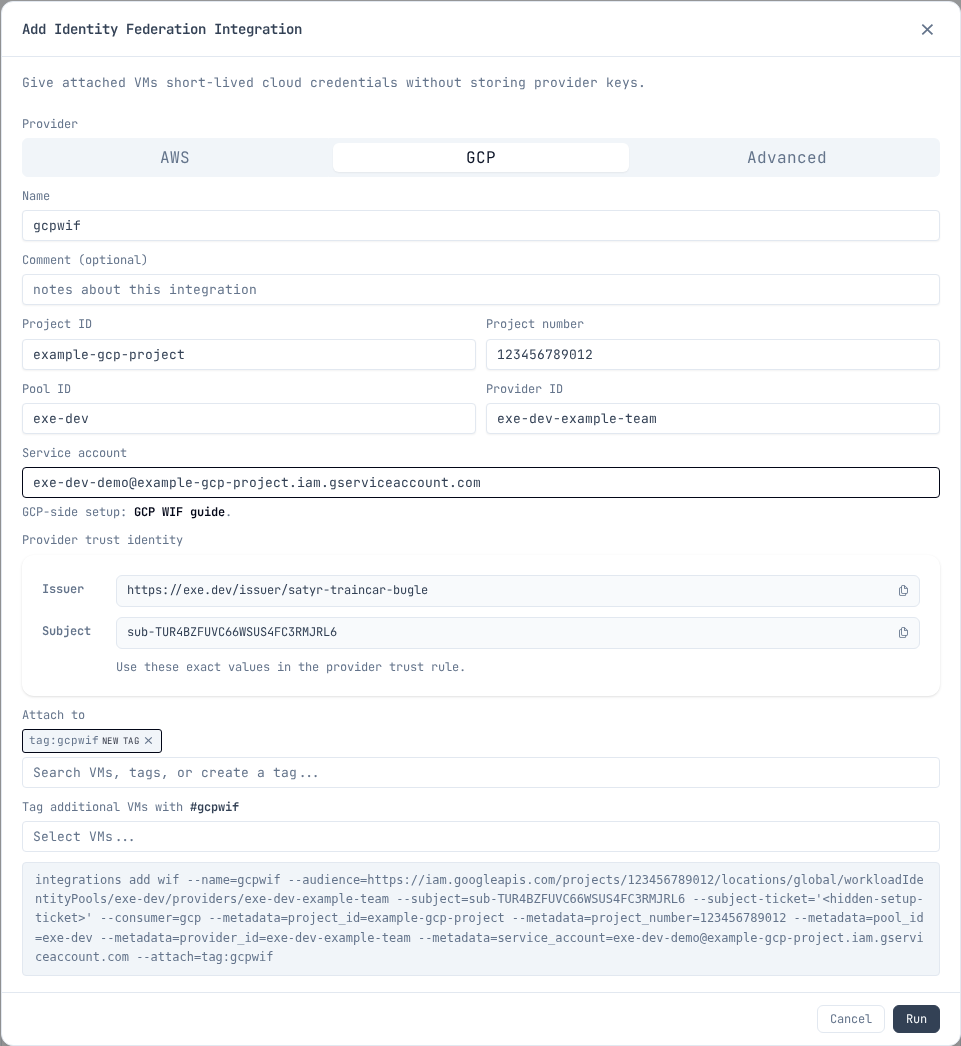 Identity Federation modal configured for a GCP Workload Identity provider