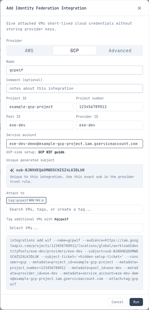 Identity Federation modal configured for a GCP Workload Identity provider